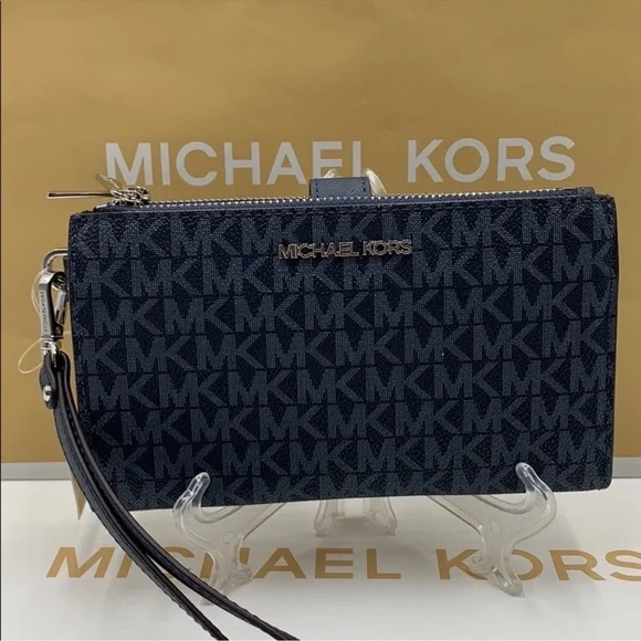 Michael Kors Jet Set Travel Large Double Zip Wristlet Wallet PhoneHolder Admiral Bags